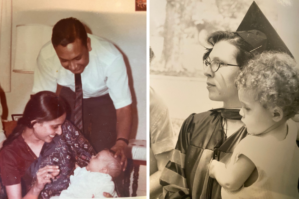 doctor melinda menezes held as a baby by auntie meenal. Dr. melinda menezes holding her son at medical school graduation