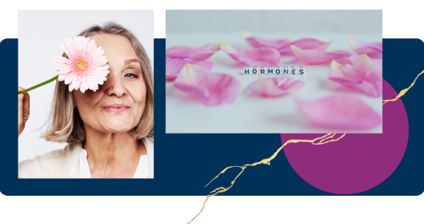 a photo collage featuring an aging woman holding a pink flower over her eye and a small set of blocks that spell hormones