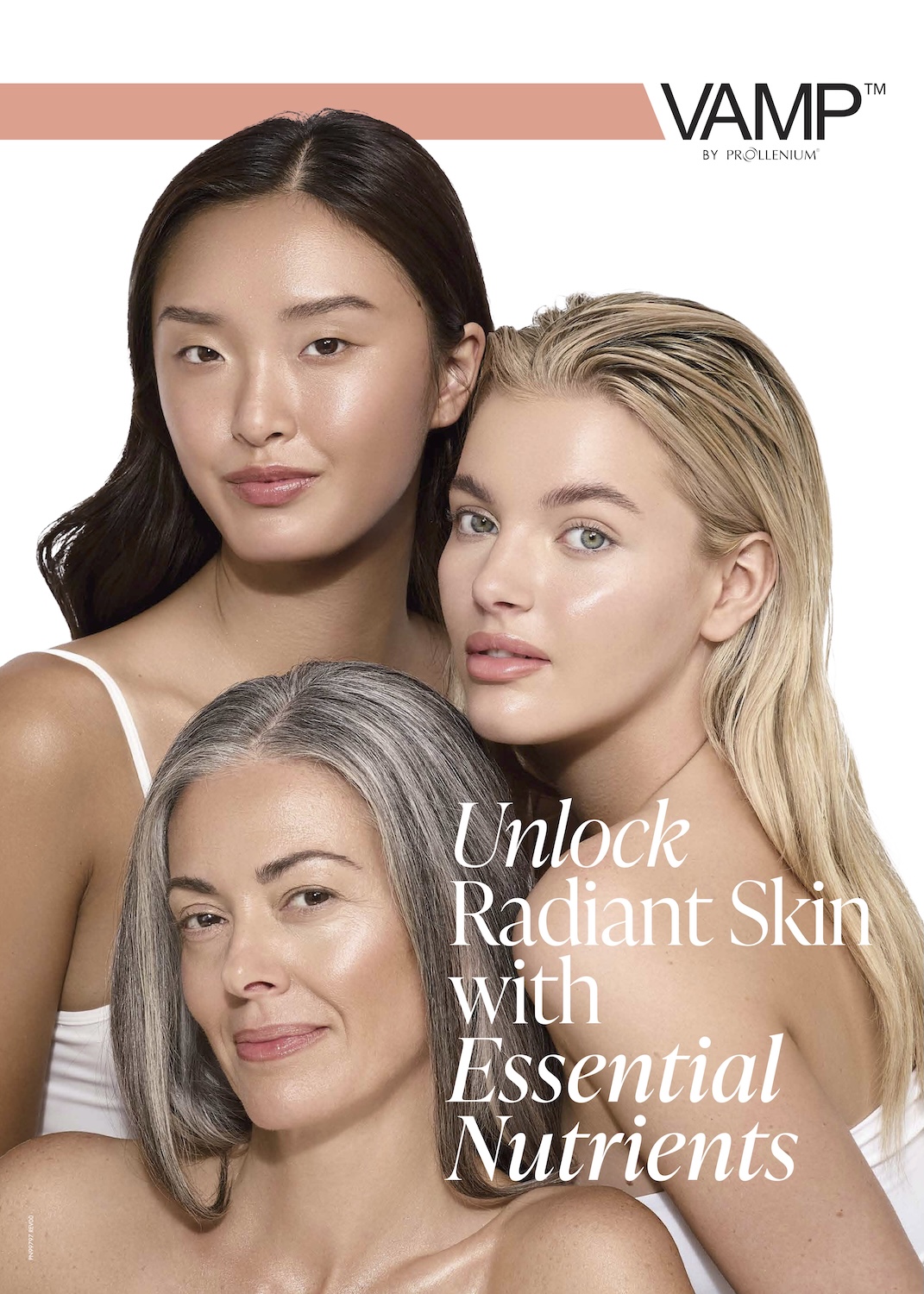 promotional image for VAMP serum. Three women of various ages sit closely together and look at the camera. Their skin is glassy and glowing.