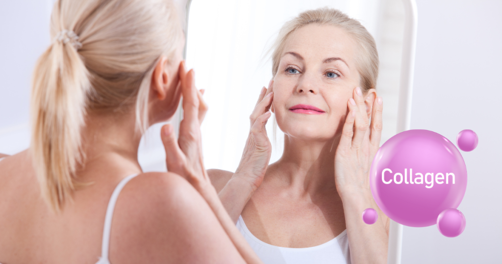 a woman looks into a mirror and touches her face. There is a collegen molecule icon in the lower right corner.