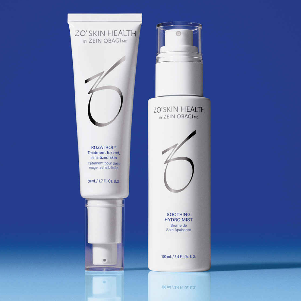 two bottles of zo skin health products on a blue background.