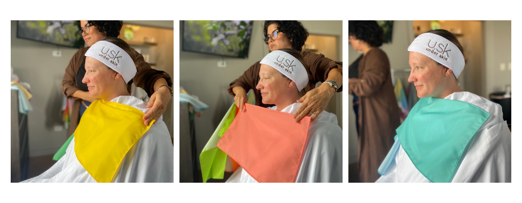 three pictures of a client being draped by donna.